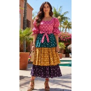Busayo Collective Tiered Midi Dress Womens L Multi Color Adire Batik Cotton